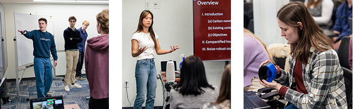 Three photos of students giving final class presentations with PowerPoint slides behind them
