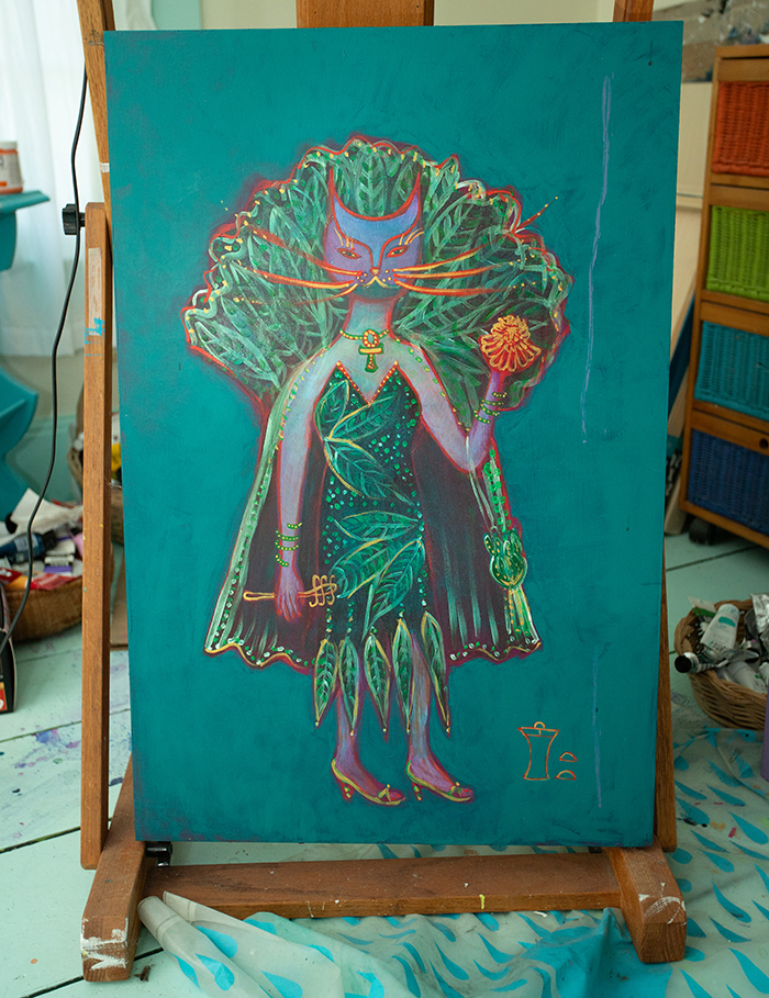 A colorful painting of Bastet
