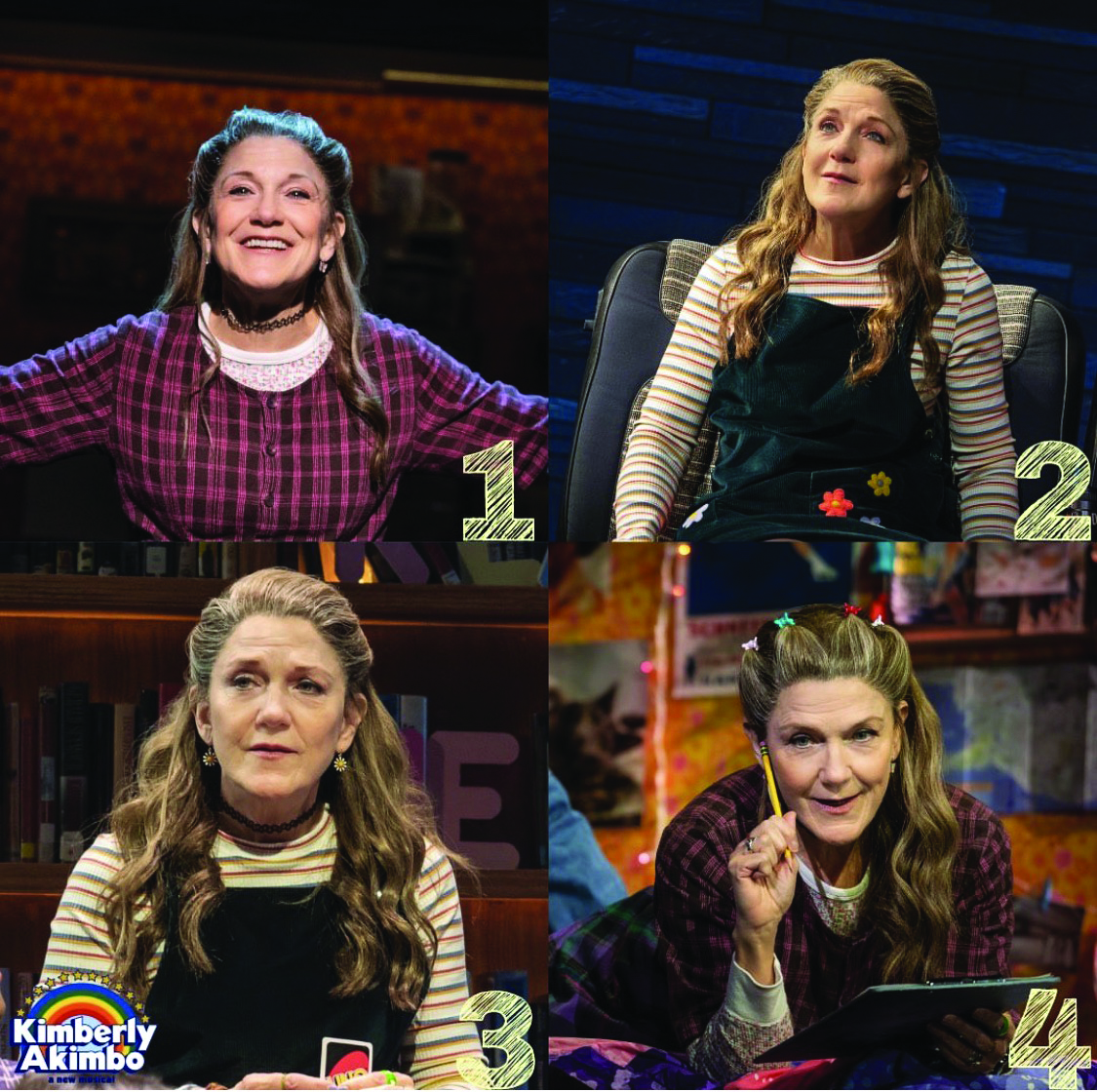 Four photos of Victoria Clark as the title character in the musical Kimberly Akimbo featuring different hairstyles