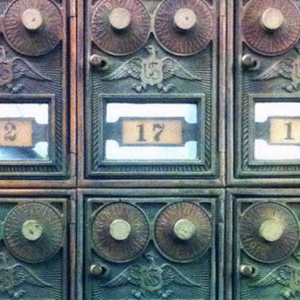 Mailboxes in the Social Science Research Building.