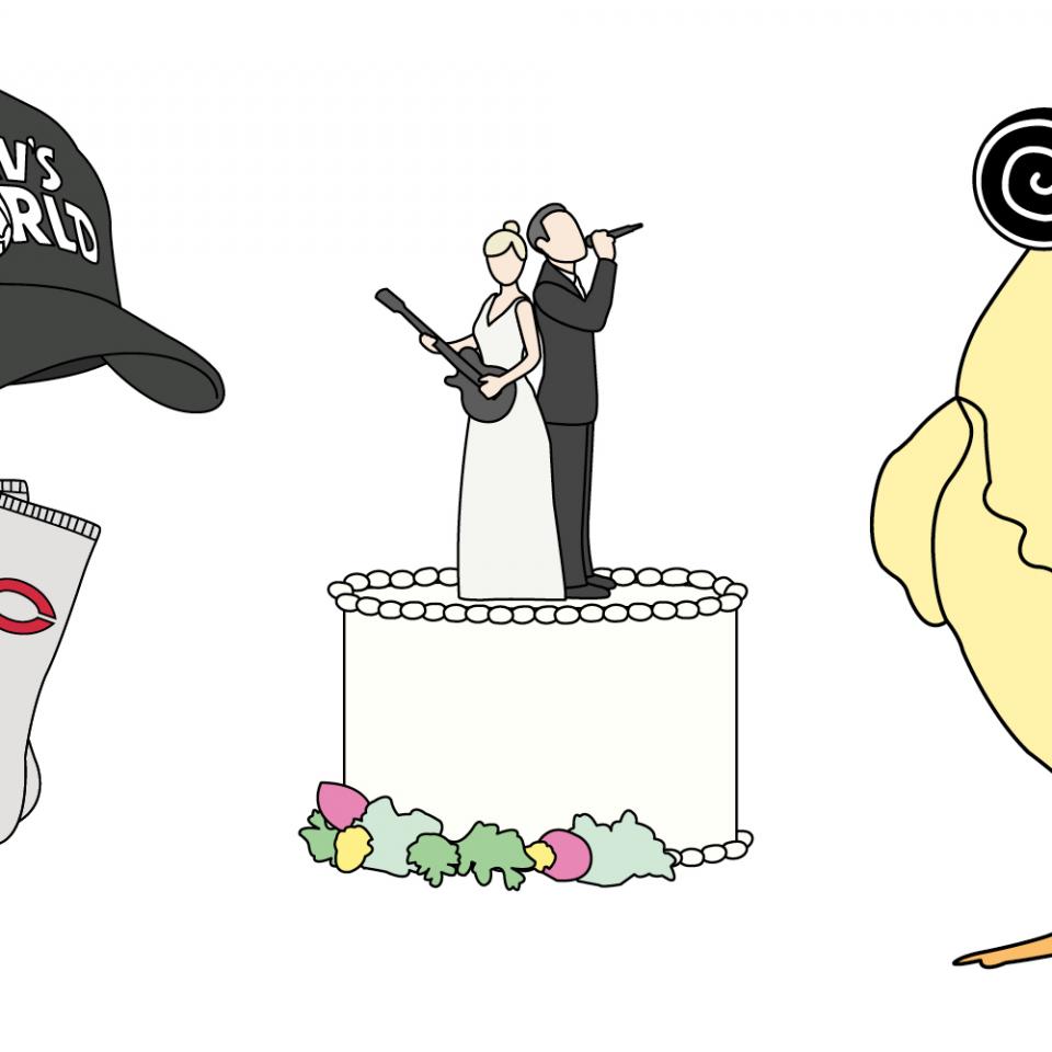 Illustrations of a hat, socks, a wedding cake top tier, and a hypnotized chicken
