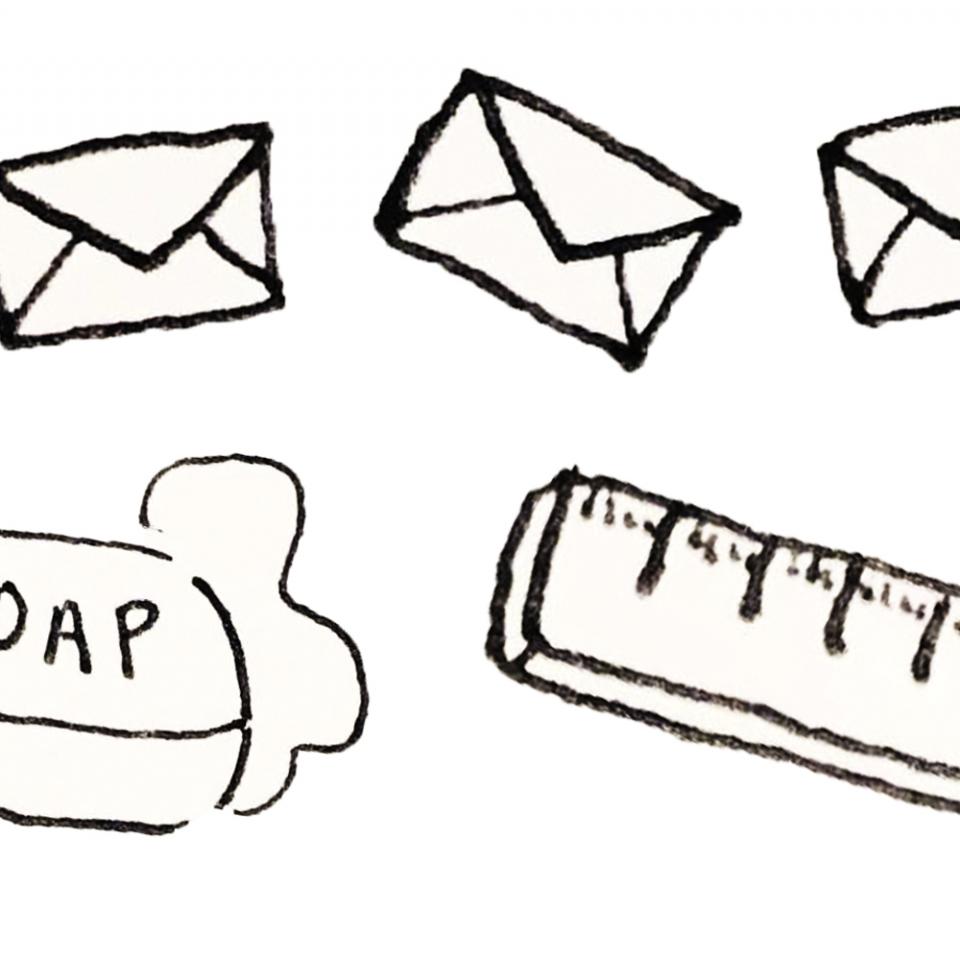 Sketches of 4 envelopes, a bar of soap, and a ruler