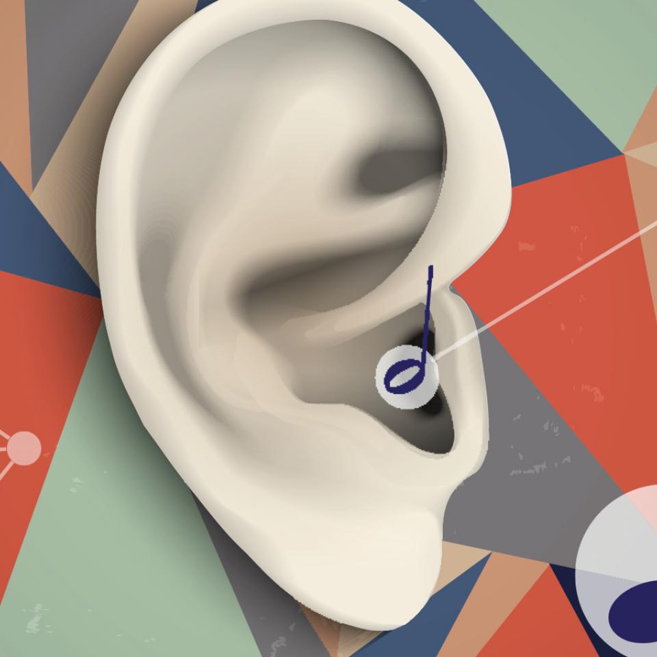 Abstract illustration of ear with musical notes