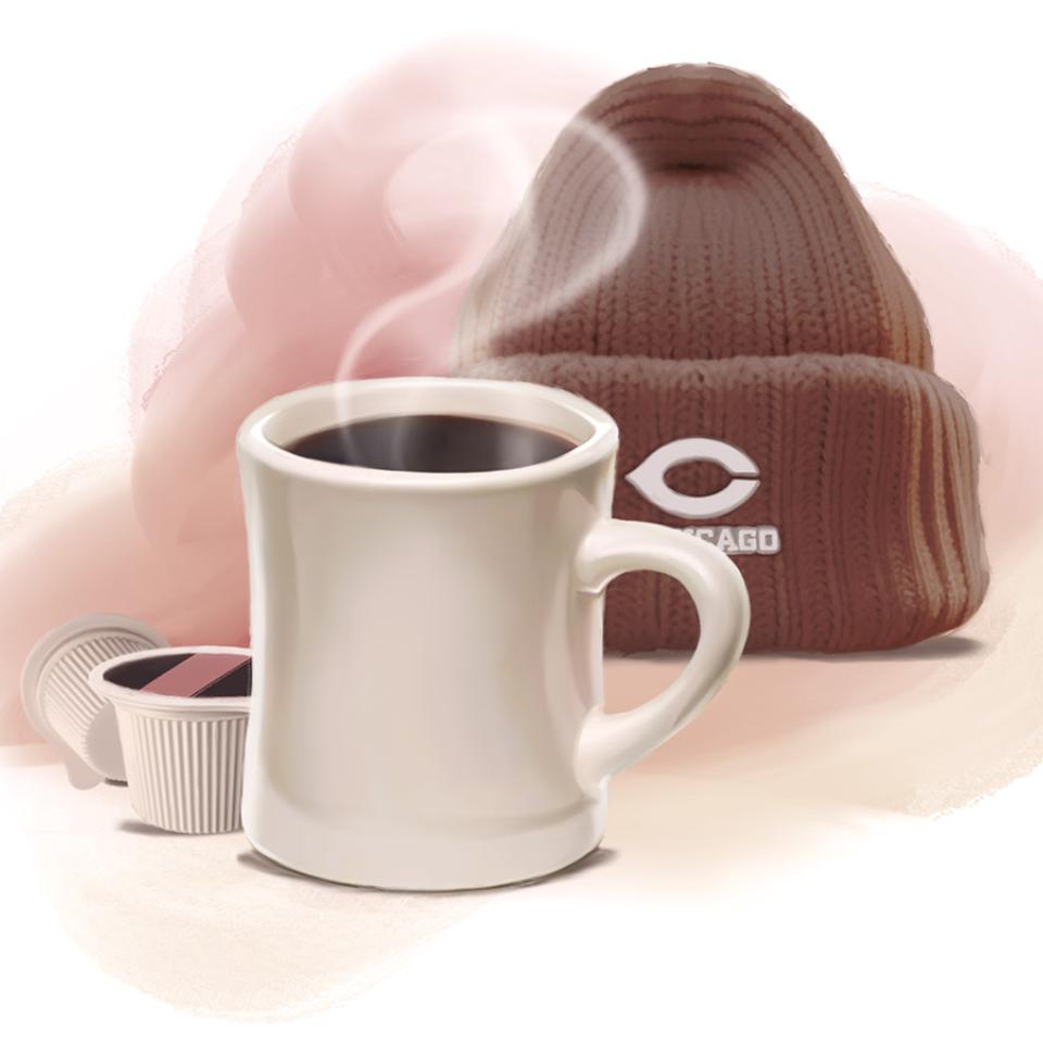 An illustration of a UChicago knit hat behind a steaming cup of coffee 