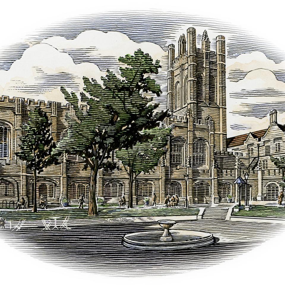 A illustration of Mitchell Tower on the University of Chicago campus