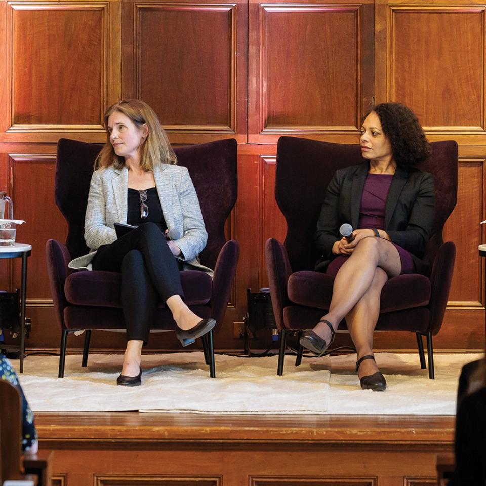 Alumni Weekend higher education moderator and panelists: Arne Duncan, Melina Hale, Nadya Mason, Deborah L. Nelson