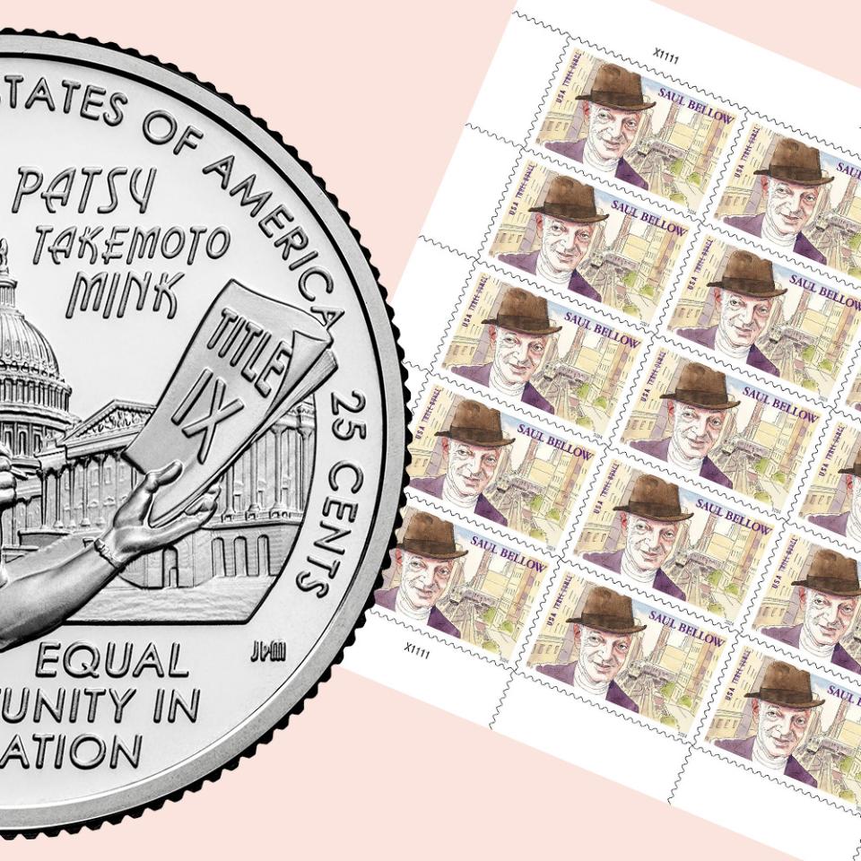 The new quarter featuring Patsy Mink and a sheet of Saul Bellow US postage stamps