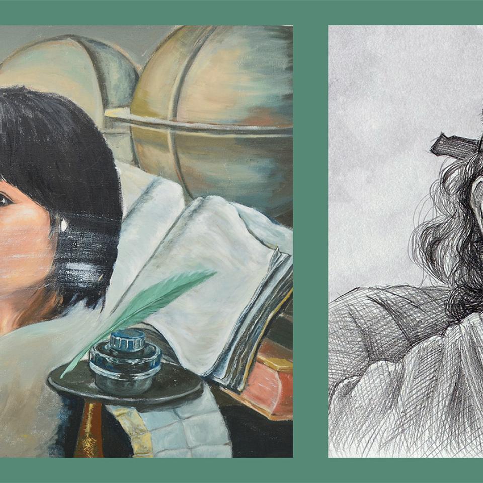 Two side-by-side portraits in different artistic styles: the left image is a detailed painting featuring an individual surrounded by scholarly objects such as an open book, an inkwell with a quill, a violin, a brass candlestick, and globes in the background; the right image is a black-and-white sketch of a person wearing a cap with curly hair visible, eating a hot dog.