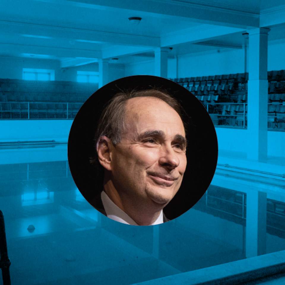 A color portrait of David Axelrod over a blue tinted archival image of the Bartlett Gymnasium swimming pool.